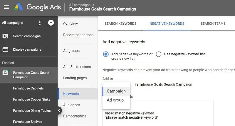 add negative keywords